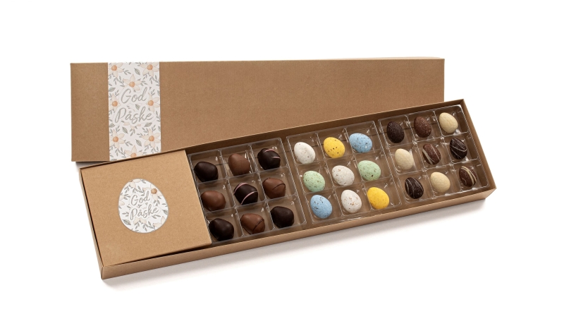 Brun gave&aelig;ske med 3 x 9 Marcipan-, fugle-og luksus&aelig;g  | 270g