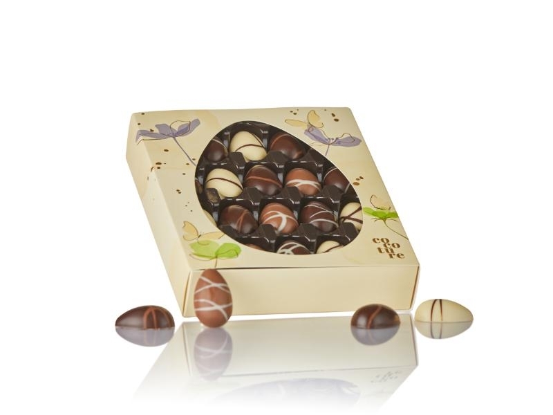 Cocoture gul gave&aelig;ske med vindue 20 stk. chokolade&aelig;g|240g