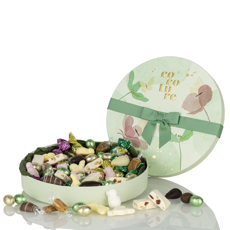 Gr&oslash;n Cocoture&aelig;ske med blomster med p&aring;skemix |480g.