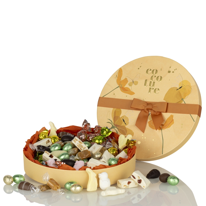 Orange Cocoture&aelig;ske med blomster med p&aring;skemix |480g.